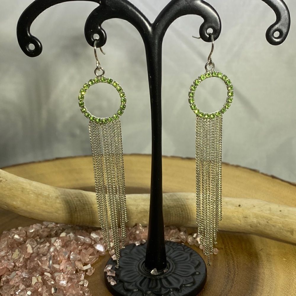 Green Rhinestones Silver Multi Chain Earrings